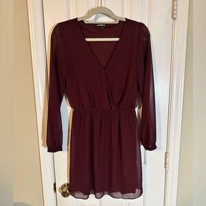 Express Size S Burgundy Dark Red Fit & Flare Dress Surplice Neck Sheer Sleeves